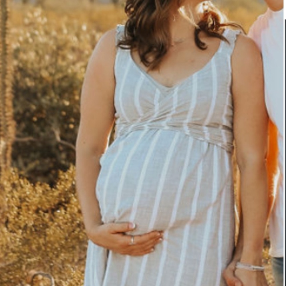 Seraphine Sage Green & White Striped Linen Maternity Dress
